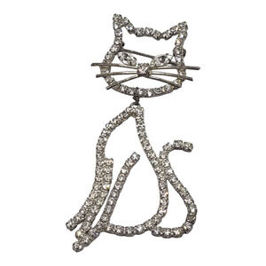 Vintage Rhinestone Cat Brooch Pin Articulated Kitty Moves Big Size Cat Lover